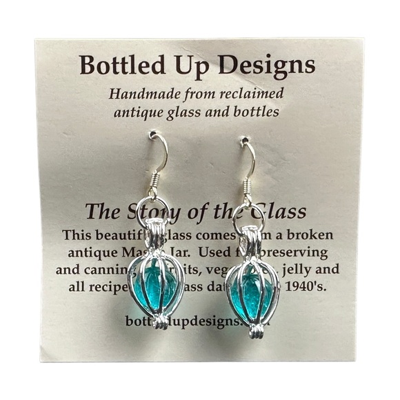 Bottled Up Designs- Ice Blue Earrings-  From Recycled Antique Glass Mason Jars - Picture 1 of 9